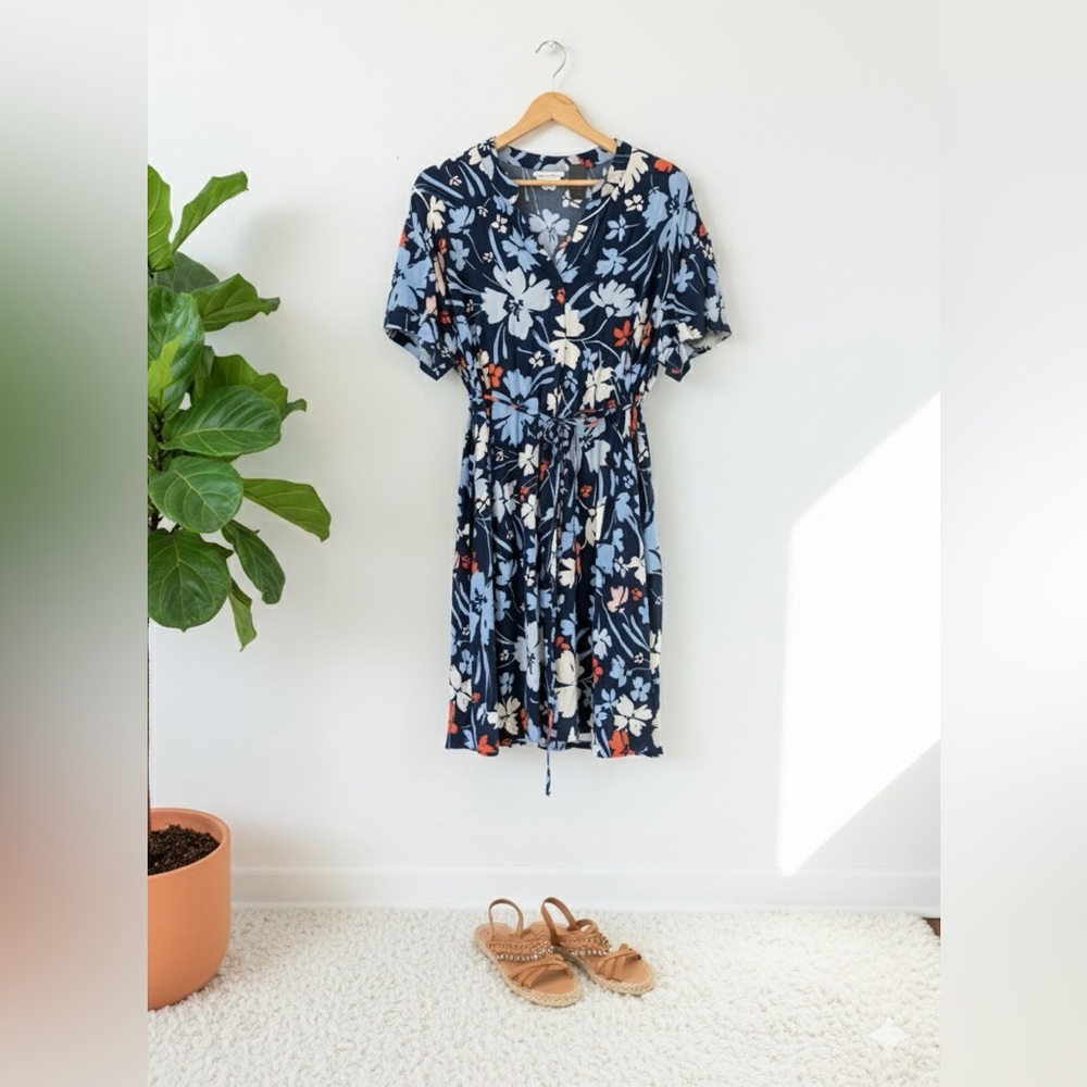 Women’s Floral V-Neck Wrap Dress - Navy & Sky Blue Summer Mini Dress - Size XL